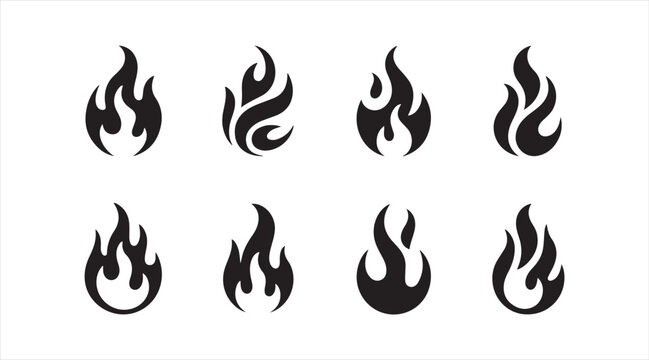 Abstract fire and flame silhouette icons set featuring heat, blaze, and burning energy symbols