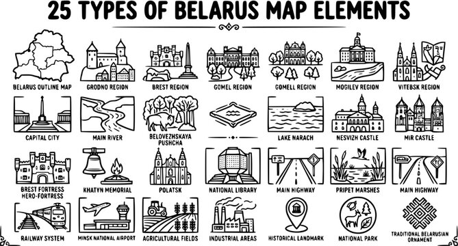 Belarus Map Elements Icons: Outline, Regions, Landmarks, Nature, Transport - Line Art