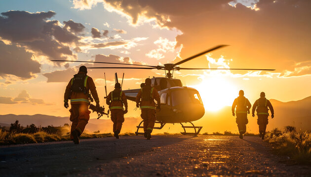 Emergency medical team rushing stretcher to helicopter at sunset critical rescue mission