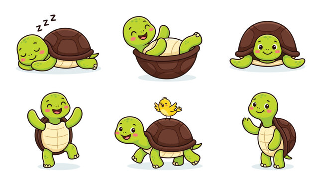 Collection of cute cartoon turtles performing various daily activities in this colorful and artistic digital illustration