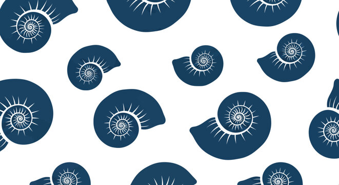 Seamless navy blue spiral seashell pattern on white background