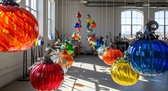 AIzaSyA5Wu5uMnGBV5N8bGwn48rA1_nIE7dWQIo bright colorful glass pumpkins displayed in a studio with natural light creating a festive autumnal atmosphere