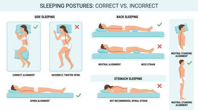 Educational medical infographic illustration showing correct and incorrect sleeping positions for healthy spinal body alignment support
