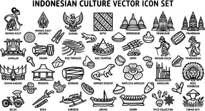 Indonesian Culture Vector Icon Set. Black and White Line Art Symbols of Traditional Heritage, Food, Architecture, and Wildlife of Indonesia, Asia.