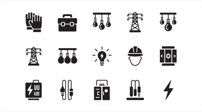 Energy and electricity icon pack featuring transmission towers, safety gear, and industrial tools isolated on white