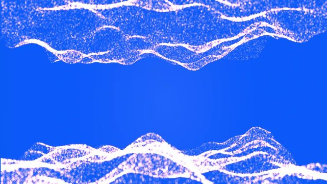 Abstract background of white glittering, shining particles, Minimalist blue background featuring elegant white particle wave borders at top and bottom,  4k video.