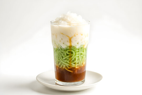 Traditional Indonesian es cendol with coconut milk and palm sugar on white background