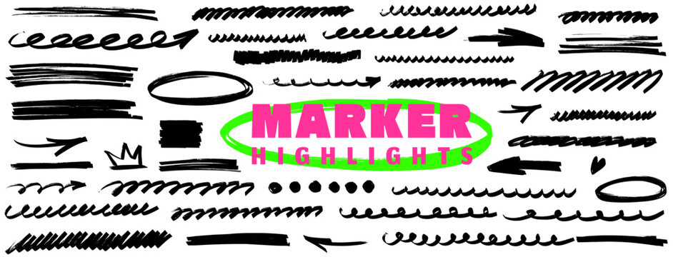 Loose highlight and marker strokes, underline and arrow hints, brush texture, pen line design, isolated. Highlight, marker, underline, arrow twice.