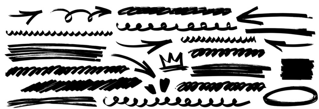 Rough highlight and marker marks with underline and arrow symbols, brush texture, pen drawn line style, isolated. Highlight, marker, underline, arrow again.