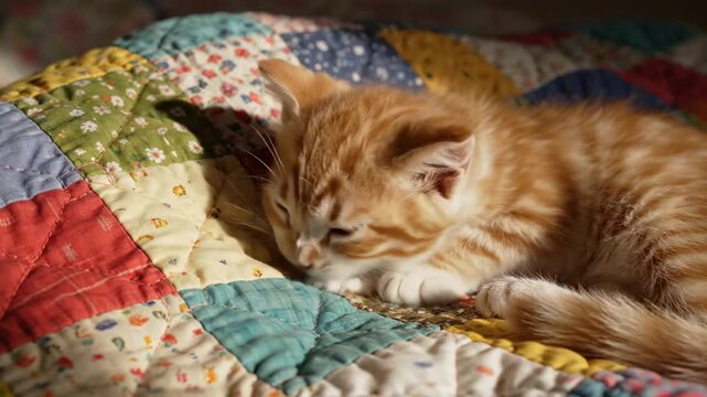 A darling ginger kitten peacefully slumbers embraced by the soft textures and vibrant patterns of a comforting handmade quilt, bathed in warm natural sunlight creating a serene domestic