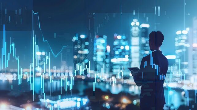 Financial analyst analyzing crypto market data on digital screens futuristic trading concept
