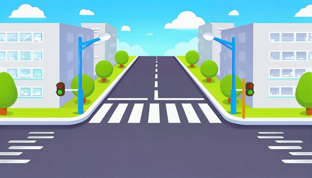 Cartoon Illustration Of Urban Street With Zebra Crossing