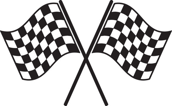 Two crossed checkered racing flags in a bold black silhouette style isolated on a white background representing speed, competition, victory, and motorsport event design.