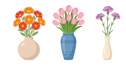 Obraz premium Three different colorful flower bouquets arranged in beautiful decorative vases displayed in a simple digital illustration
