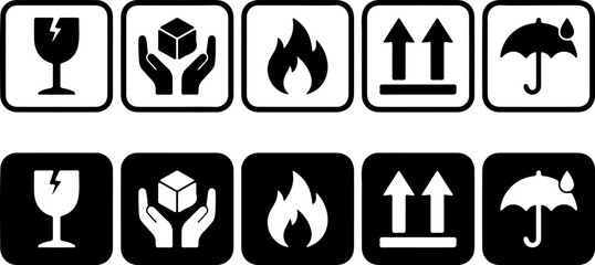 Comprehensive collection of shipping and handling warning icons in both positive and negative versions, featuring fragile, care, fire, orientation, and dry symbols for logistics. © Risat Designer