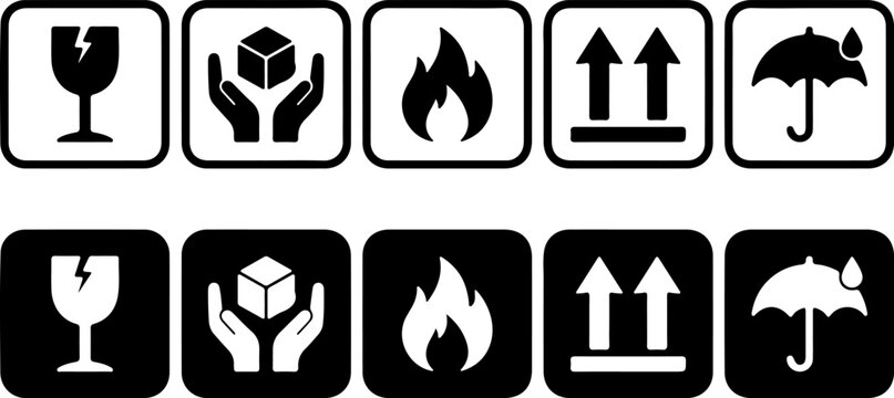 Comprehensive collection of shipping and handling warning icons in both positive and negative versions, featuring fragile, care, fire, orientation, and dry symbols for logistics.