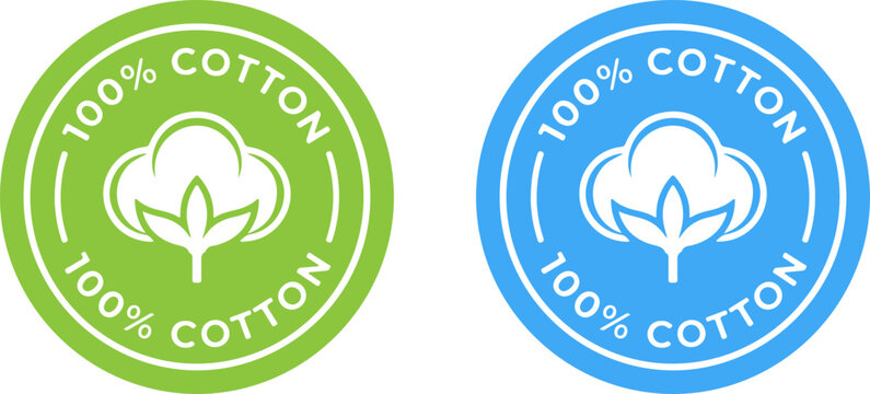 Set of two circular 100 percent cotton textile labels in green and blue colors featuring a stylized cotton boll icon, perfect for clothing tags, eco-friendly fabric branding.