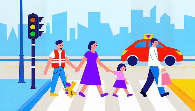 Pedestrians Crossing Zebra Crossing In City