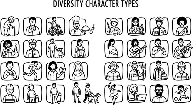 Diverse Character Icons: People, Professions, Activities, Line Art