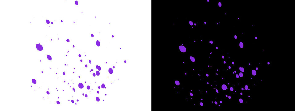 Dense Purple Ink Particle Vertical Cluster and Splatter Abstract on White and Black Background