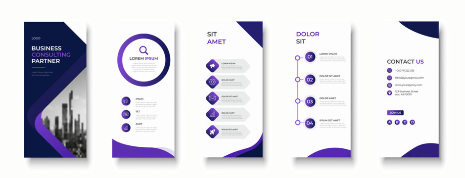 Business consulting partner presentation mobile layout template set with dark purple gradient abstract curves, corporate services list, and contact page.