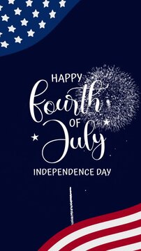 4th of july text, american flag, fireworks for patriotic celebrations. Perfect for independence day promotions, vertical social media posts, patriotic designs.