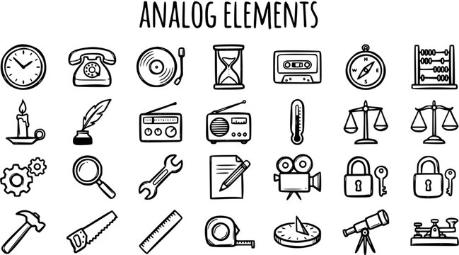 Analog Elements Line Art: Clock, Phone, Record, Hourglass, Cassette, Compass, Abacus, Candle, Quill, Radio, Thermometer, Scales, Gears, Magnifying Glass, Wrench, Document, Camera, Locks
