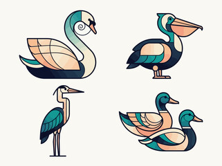 Fototapeta premium Stylized Minimalist Aquatic Bird Icons Set: Swan, Pelican, Heron, and Mallard Ducks