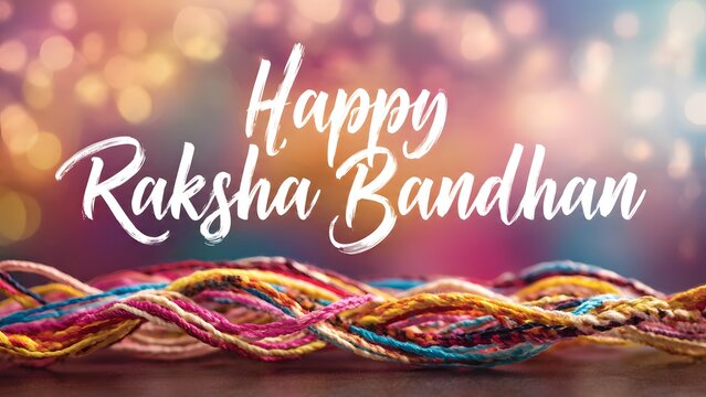 Happy Raksha Bandhan Greeting with Colorful Sacred Threads and Bokeh Light Background