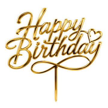 Elegant gold happy birthday cake topper lettering with heart ornament isolated on transparent background