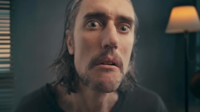 Funny guy surprised approving nod admires close-up of man with long hair beard in dim warm lighting showing facial expressions from surprise concern to deep thinking reflective contemplation
