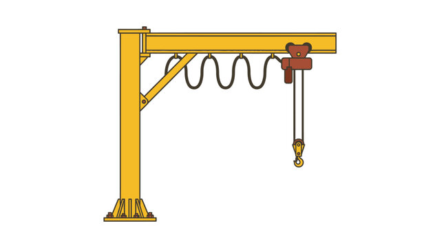 Yellow industrial jib crane with a lifting hook mechanism shown in a clean flat graphic illustration
