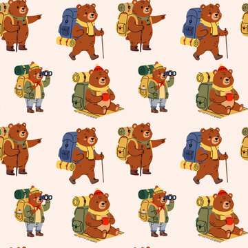Cute Bear Hiking Seamless Pattern