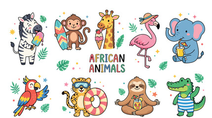 Fototapeta premium Cute cartoon collection of various african animals enjoying their summer vacation in a fun bright style