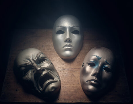Dramatic Lighting Illuminates Three Theatrical Masks, Symbolizing the Diverse Range of Human Emotions, from Neutrality to Profound Anguish and Melancholy, Exploring the Concept of Different Personas