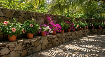 Fototapeta premium Luxurious outdoor patio with stone wall, vibrant bougainvillea, potted orchids, and lush green plants creating a serene garden living space.