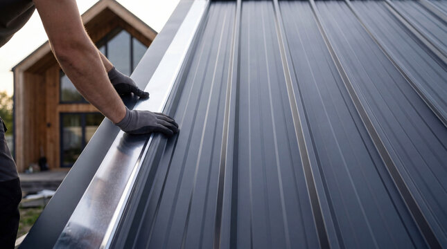 Roofer installing metal roofing panels on house. Construction worker repairing building roof. Professional roofing service, residential renovation and modern home exterior maintenance.