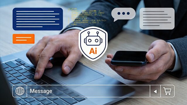 Artificial intelligence chatbot concept with robot icon shield over laptop keyboard and smartphone showing coding script and message communication interface.