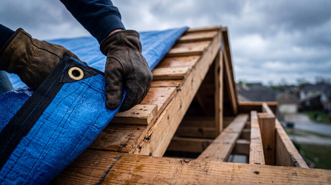 Roofer covering wooden house roof frame with blue tarpaulin to prevent water damage during storm. Professional contractor performing roof repair. Construction site home maintenance.