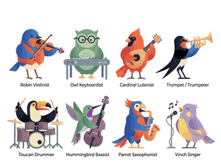 Fototapeta premium Cartoon Bird Band Illustration Set: Cute Birds Playing Musical Instruments like Violin, Drums, and Saxophone - Flat Vector Characters