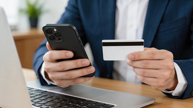 Man in business suit holding credit card and smartphone, making online payment or mobile banking transaction on laptop desk.