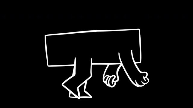 Blue rectangle shape character walking and waves his arms. Cartoon flat 2d loop animation isolated on white background and version outline silhouette on black color. Motion element for game and fashio