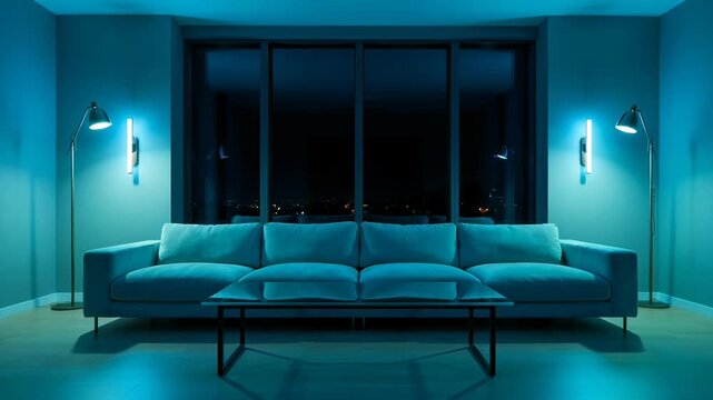 A modern living room features a comfortable sofa illuminated by warm floor lamps against a backdrop of a nighttime city view.