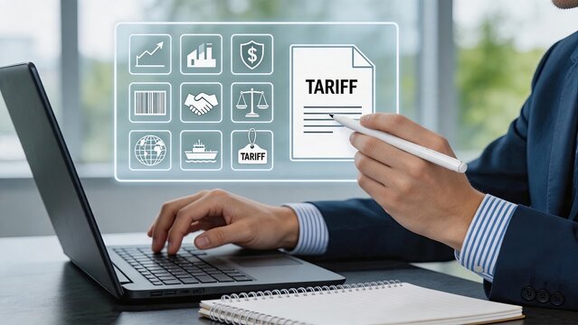 Manager analyzing tariff documents on laptop screen, international trade and customs duty concept with financial charts and shipping icons for global business logistics and