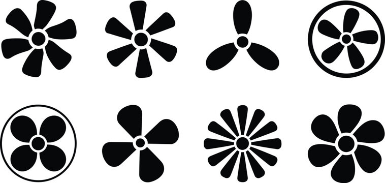 Fan, blade silhouettes vector, black solid ceiling and industrial fan designs in various styles for ventilation and cooling system graphics.