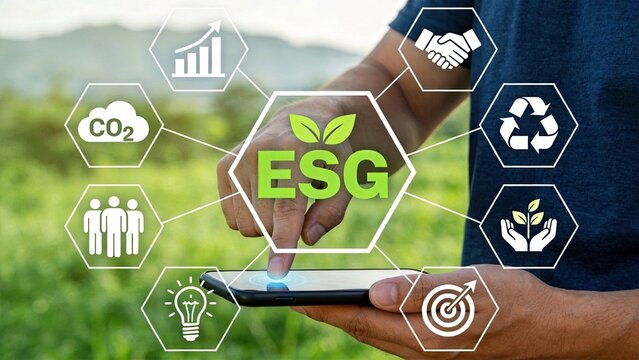 ESG environmental social governance concept on mobile phone screen, sustainable development goals, corporate responsibility icons including co2 reduction, recycling, diversity,