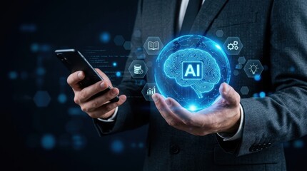 Fototapeta premium Business professional holding AI brain sphere with digital icons