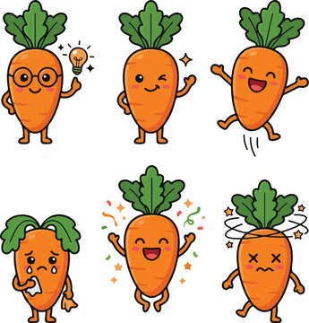 Cute carrot cartoon character set. Funny vegetable mascot collection. Kawaii carrot emoji stickers. Various emotions orange vegetable. Happy, angry, sad, thinking carrot expressions. Flat vector 
