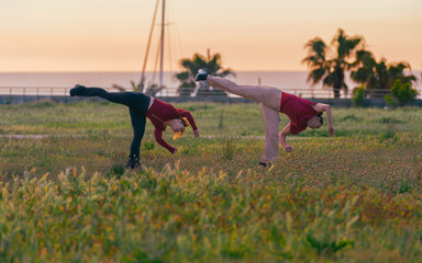 Two female athletes perform synchronized flips and contemporary dance moves on a grassy field during a golden sunset. © sirbouman