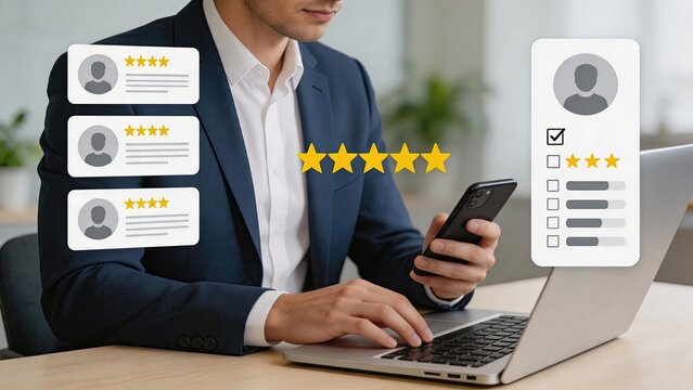 Man checking customer reviews and star ratings on smartphone and laptop screen, five stars feedback concept, positive client testimonials, user experience evaluation, reputation